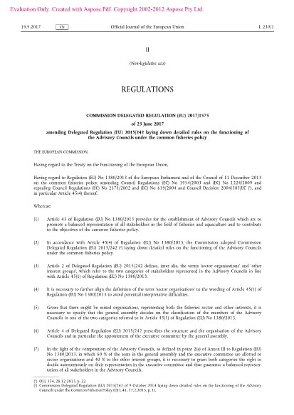 Delegated Regulation 2017/1575 amending Delegated Regulation (EU) 2015/242 laying down detailed rules on the functioning of  the Advisory Councils under the common fisheries policy 