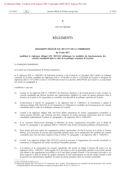 Regl Delegue 2017_1575 modifiant le règlement délégué (UE) 2015/242 définissant les modalités du fonctionnement des  conseils consultatifs dans le cadre de la politique commune de la pêche 