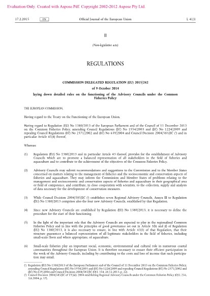 Delegated Regulation 2015/242 laying down detailed rules on the functioning of the Advisory Councils under the Common Fisheries Policy 